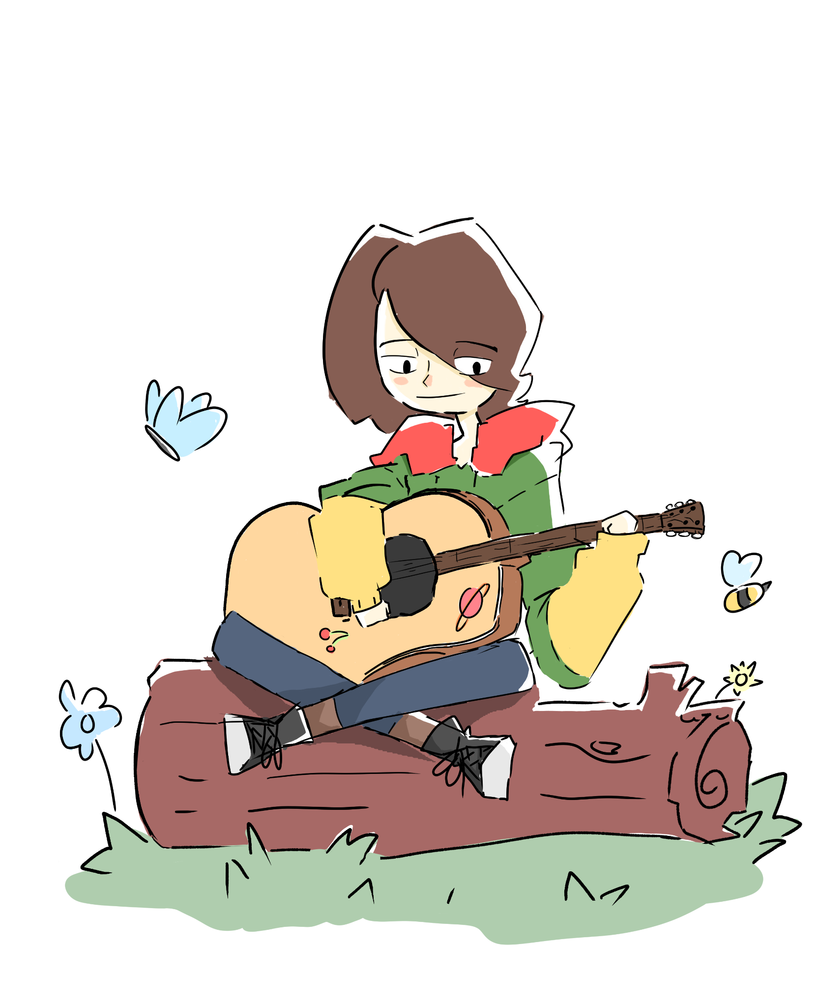 A woman playing a guitar sitting on a log